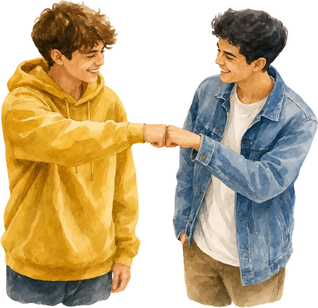 Ilustração de dois adolescentes sorrindo e batendo os punhos